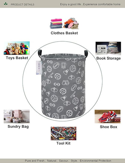 Round Sports Themed Laundry Basket, Collapsible Laundry Hamper for Boys,Cute Ball Print Storage Bin,Waterproof Toy Storage for Kids Room,Nursery,Playroom,New Parent Gift(Grey Sports Ball)