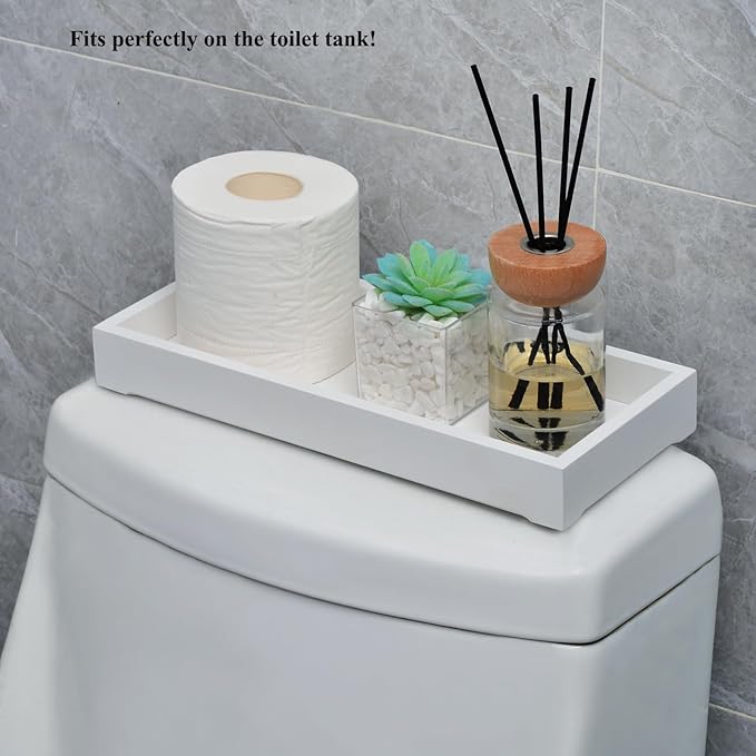Bathroom Rectangle Tray, Toilet Top Organizer, Farmhouse Wooden Vanity with Soap Tray, Toilet Tank Tray for Bathroom, Ideal Also as Jewelry, Perfume & Napkin Trays (White, 4.8" W11.5 Lx1.2 H)