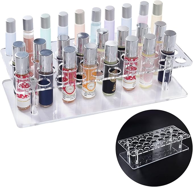 Rollerball Perfume Organizer, Beauty Scent Holder, 36 Space Clear Acrylic Perfume Organizer consists of 16 large sizes and 20 small sizes Tall Scented Oil Storage Display Case