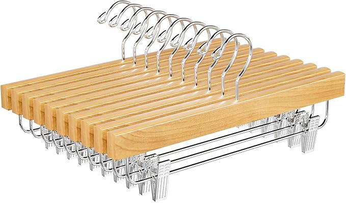 BAGAIL 10 Pack Wooden Pants Hangers with Adjustable Clips, 360°Swivel Hook Space Saving Skirt Holders with Anti-Rust Clips for Trousers, Jeans, Shorts (Natural)