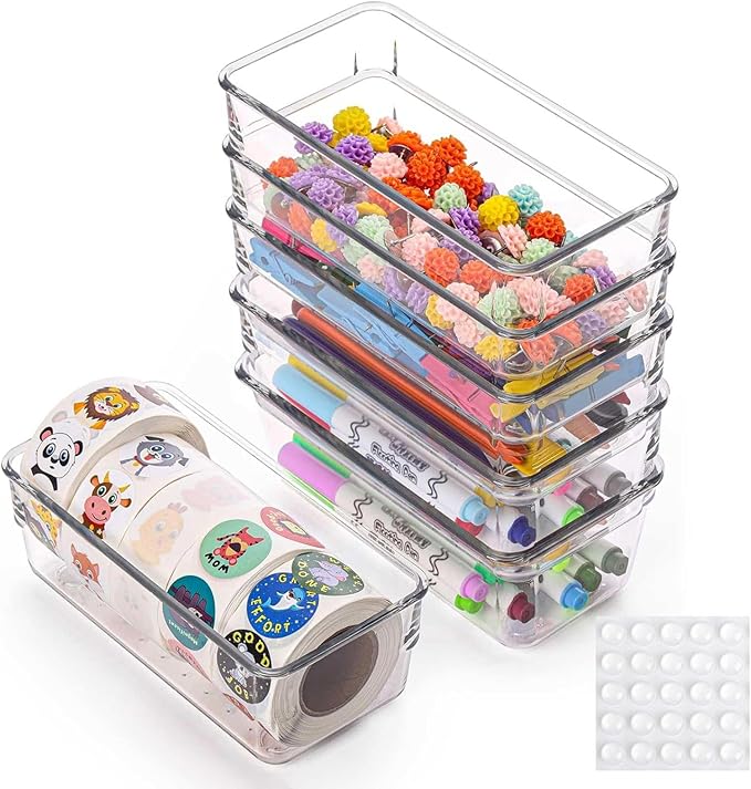 6Pcs Clear Plastic Drawer Organizers Tray 6" x 3" Storage Bins with 25Pcs Non-slip Pads for Makeup, Jewelries, Kitchen Utensils, Bathroom and Office