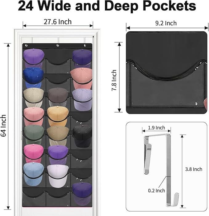 BiCINE Hat Rack for Baseball Caps, 24 Pocket Over the Door Hat Organizer with 3 Hooks, Hat Holder for Door with Large Clear Pockets, Hat Storage to Protect and Display, Black - 1 Pack