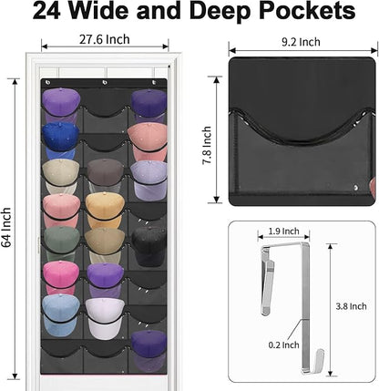 BiCINE Hat Rack for Baseball Caps, 24 Pocket Over the Door Hat Organizer with 3 Hooks, Hat Holder for Door with Large Clear Pockets, Hat Storage to Protect and Display, Black - 1 Pack