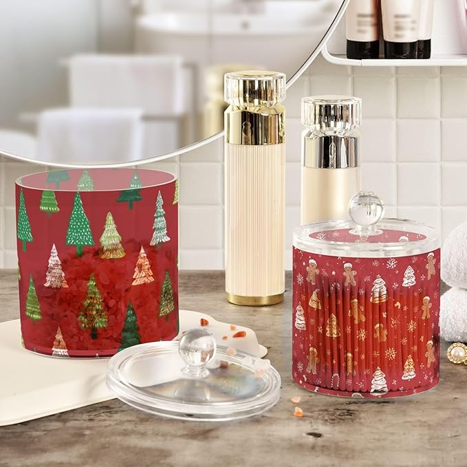 2 Pack Qtip Dispenser Apothecary Jars with Lids Cotton Round Holder Bathroom Canisters for Cotton Swab Floss Ball Pads Clear Plastic Decorative Red Christmas Trees Gingerbread