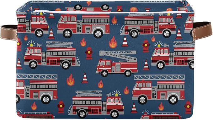 Fire Trucks Large Storage Basket Cube Storage Bin Canvas Fabric Organizer Handles Collapsible Decorative for Clothes Toys Bedroom