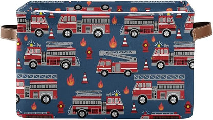 Fire Trucks Large Storage Basket Cube Storage Bin Canvas Fabric Organizer Handles Collapsible Decorative for Clothes Toys Bedroom