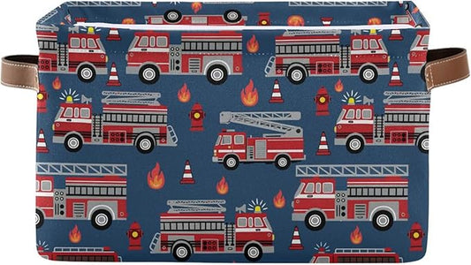 Fire Trucks Large Storage Basket Cube Storage Bin Canvas Fabric Organizer Handles Collapsible Decorative for Clothes Toys Bedroom
