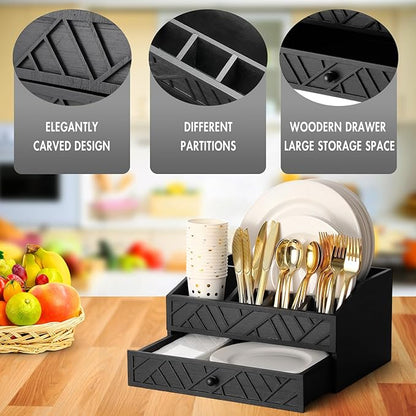 Marsui Paper Plate Dispenser, Wood Rustic Paper Plate Holder for Countertop with Drawer Silverware Utensil Caddy, Cutlery Flatware Organizer for Spoon Fork Napkins Kitchen Parties(Black)