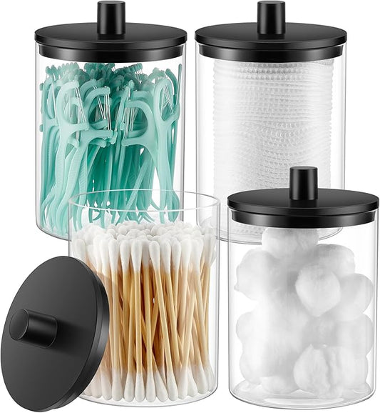 TIPGO Glass Qtip Holder Dispenser - 10 oz Clear Canister Apothecary Jar, Bathroom Vanity Storage Organizer Set for Cotton Swabs, Pads, Floss Picks, Small Containers for Makeup Storage (4 Pack, Black)