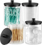 TIPGO Glass Qtip Holder Dispenser - 10 oz Clear Canister Apothecary Jar, Bathroom Vanity Storage Organizer Set for Cotton Swabs, Pads, Floss Picks, Small Containers for Makeup Storage (4 Pack, Black)