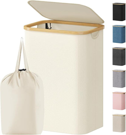 Lifewit 80L Laundry Basket with Lid, Clothes Hampers for Laundry with Bamboo Handles and 1 Removable Bag, Large Foldable Laundry Hamper for Bedroom, Bathroom, Dorm, Laundry Room, White