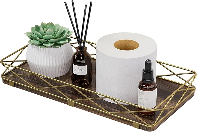 Lixple Toilet Paper Basket Holder, 13" Toilet Tank Tray, Wood and Metal Toilet Tray Vanity Organizer Bathroom Tray, Kitchen Sink Organizer for Soap Dispenser (Brown+Gold)