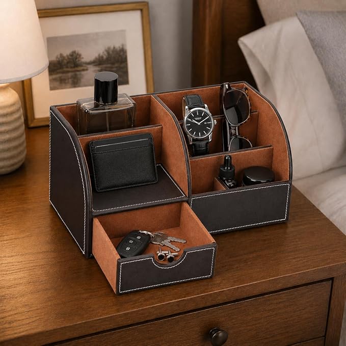 KINGFOM Cologne Organizer for Men, PU Leather Dresser Organizer with Drawer, Countertop Cologne Holder for Watch, Wallet, Keys, Sunglasses, Bathroom Bedroom Nightstand Organizer, Gifts for Men Brown