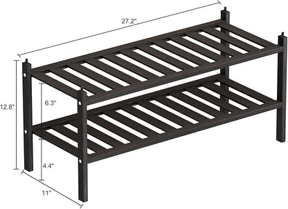 Dranixly Shoe Rack, 2-Tier Bamboo Stackable Shelf Storage Organizer, Stand for Closet, Entryway and Hallway （Black）