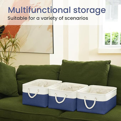 Large Storage Baskets- 15.7x11.8x8.26 inch Storage Bins for Shelves and Closet Organizing, Foldable Fabric Bin for Home Organization Clothes and Laundry (1-Pack, White&Blue)