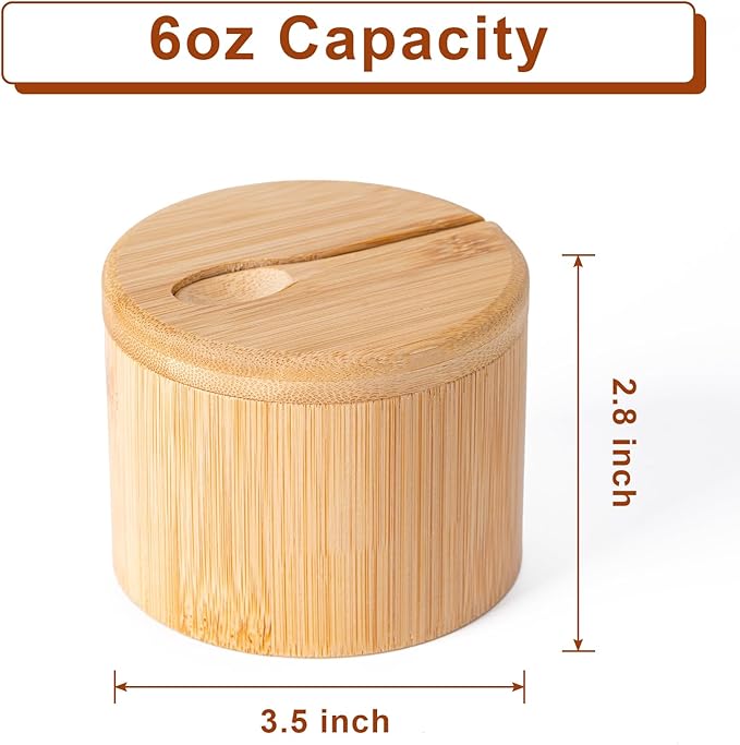 Husfunov Bamboo Salt Cellar, Salt Box with Magnetic Swivel Lid, Spice Box with Spoon, Round Salt Container for Storing Salt Pepper Sugar Herbs,6 Ounce Capacity