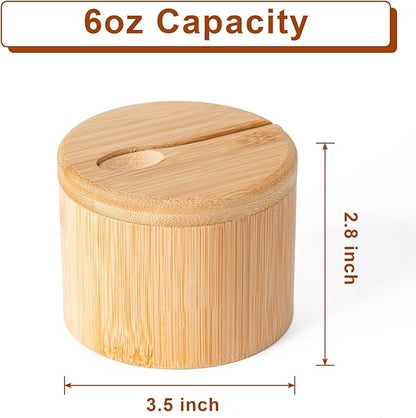 Husfunov Bamboo Salt Cellar, Salt Box with Magnetic Swivel Lid, Spice Box with Spoon, Round Salt Container for Storing Salt Pepper Sugar Herbs,6 Ounce Capacity
