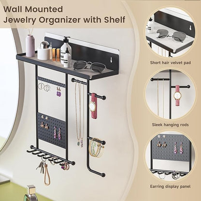 Saydear Wall Mounted Jewelry Organizer with Shelf: Metal Display Stand with Velvet Pad, Multi-Layer Necklace Hanging Rack for Bedroom Bathroom Space Saving No-Drill Wall Decor