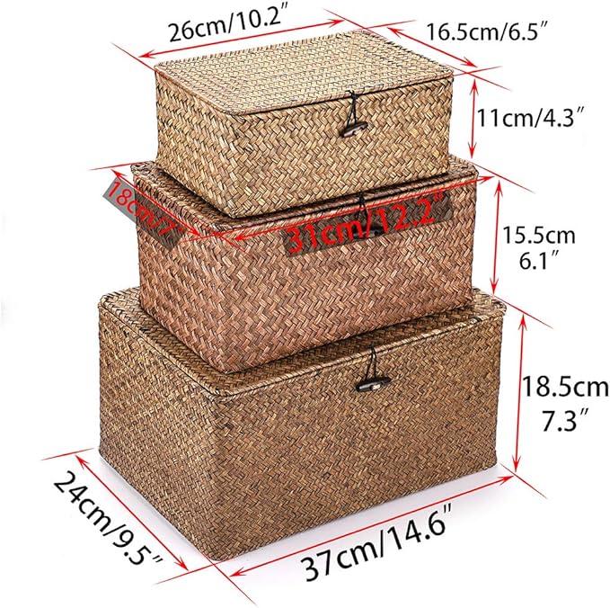 Hipiwe Set of 3 Natural Seagrass Storage Baskets with Lid - Large Handwoven Wicker Storage Bins Rectangular Household Organizer Boxes Shelf Wardrobe Organizer, Coffee