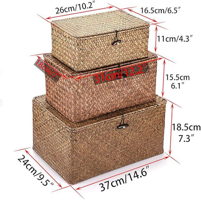 Hipiwe Set of 3 Natural Seagrass Storage Baskets with Lid - Large Handwoven Wicker Storage Bins Rectangular Household Organizer Boxes Shelf Wardrobe Organizer, Coffee