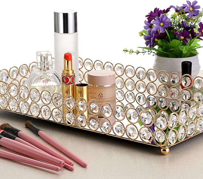 Hipiwe Crystal Cosmetic Vanity Tray, Mirrored Decorative Jewelry Organizer Tray for Perfume, Trinket, Makeup Display Dresser Home Decor (Large, Golden)