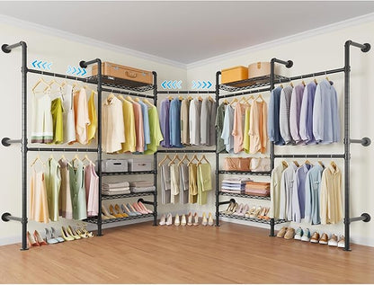 Timate L5 Expandable Closet Rack Wall Mount for Corner, L Shape Heavy Duty Hanging Garment Rack Clothing Rack with 8 Adjustable Shelves & 4 Hanger Rods, Closet System for Hanging Clothes, Black