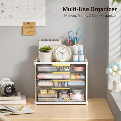 Aveniee 4 Drawers Makeup Organizer- Bathroom Organizers and Storage, Plastic Bins Countertop Perfume Vanity Desk Organization for Cosmetic, Skincare, Face Mask, Jewelry, White