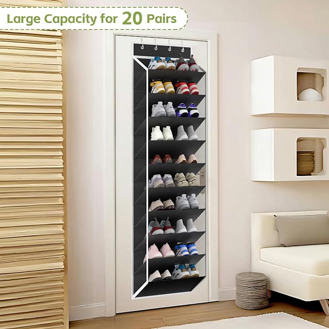 KEEPJOY 10 Tiers Mesh Over Door Shoe Organizer Storage, Hanging Shoe Holder for Door with Large Deep Pockets, Fit 20-30 Pairs Shoe Rack for Sneakers, Boots(Black)