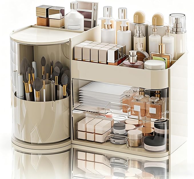 Makeup Organizer,Rotating Cosmetic Storage Organizer with Drawers,Large Capacity Makeup Brush Holder,Skincare Vanity Organizer for Bathroom Countertop,Cream.