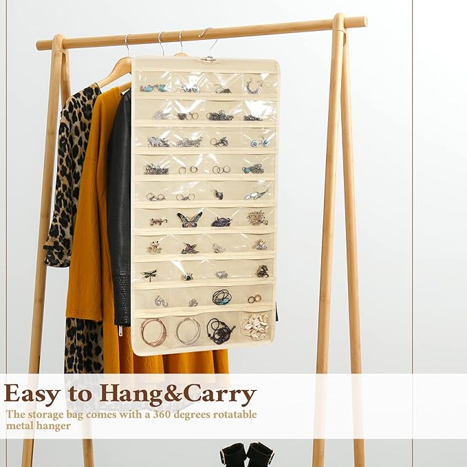 Kenning 6 Pcs Hanging Jewelry Pocket Organizer Storage Roll with 80 Pockets, Dual Sided Hanging Women Jewelry Holder Accessories Holder Closet Earring Storage for Necklace Bracelet Ring
