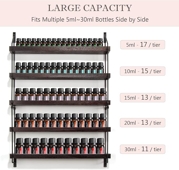 THYGIFTREE Essential Oil Storage Shelf Wall Mounted 16.9" Wooden Essential Oil Collection Display Rack Organizer 5 Tiers Holds 75 Bottles, Nail Polish Holder Paint Organizer