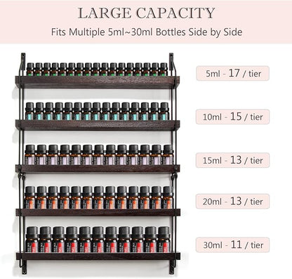 THYGIFTREE Essential Oil Storage Shelf Wall Mounted 16.9" Wooden Essential Oil Collection Display Rack Organizer 5 Tiers Holds 75 Bottles, Nail Polish Holder Paint Organizer
