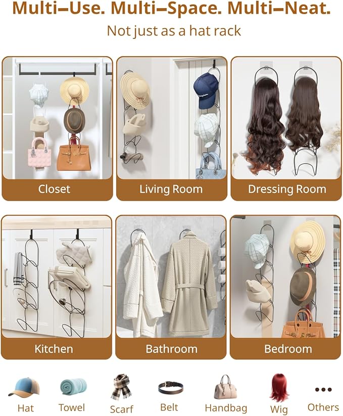 LINFIDITE 10 Pack Hat Rack Hanger Holder Organizer Closet Hanging Baseball Cap Display Storage Rack for Scarves Handbags Towels Clothes Ties Over Door Wall Mounted w Hanging Hook Black