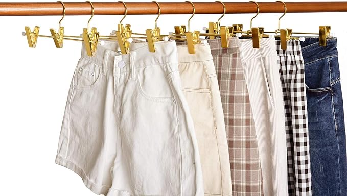 Amber Home 10 Pack Shiny Gold 12 Inch Metal Pants Skirts Hanger, Sturdy for Slacks Trousers with 2 Adjustable Non Slip Clips and Swivel Hook (10 Pack)