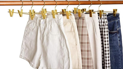 Amber Home 10 Pack Shiny Gold 12 Inch Metal Pants Skirts Hanger, Sturdy for Slacks Trousers with 2 Adjustable Non Slip Clips and Swivel Hook (10 Pack)