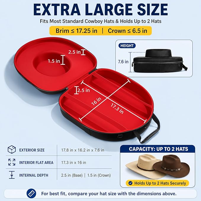 Hat Case for Cowboy Travel Extra Large, Waterproof Hard Box Can Storage for Fedora Panama Tweed Cap Holder Organizer Carrier with Adjustable Carry Strap, Men's Western Gifts, Large Red Interior
