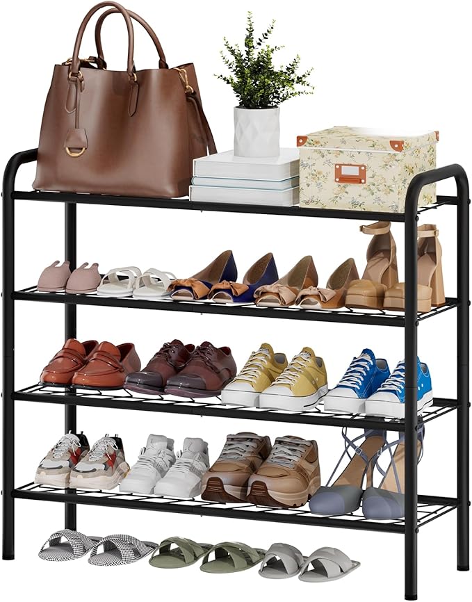 viewcare Shoe Rack for Closet, 4-Tier Long Shoe Rack for Entryway & Garage, Black Shoe Organizer Holds 12-16 Pairs, Sturdy Metal Construction