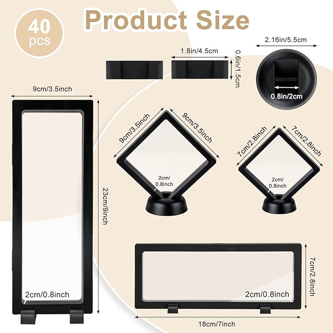 40 PCS Floating Display Case, 3D Challenge Coin Display Holder Frames with Stands, Transparent PE Jewelry Storage Box for Butterfly, Medallion, Shells, Gems, Pins, Specimen (Black)