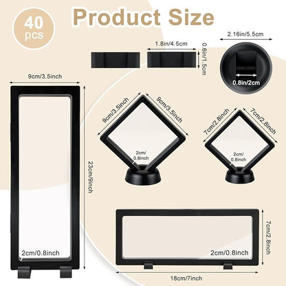 40 PCS Floating Display Case, 3D Challenge Coin Display Holder Frames with Stands, Transparent PE Jewelry Storage Box for Butterfly, Medallion, Shells, Gems, Pins, Specimen (Black)