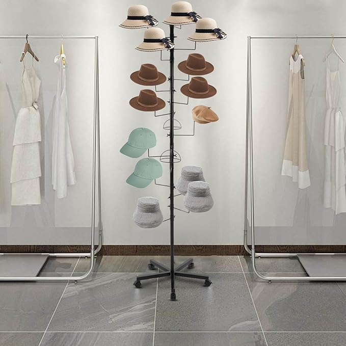Freestanding Hat Rack Stand with Wheels,Metal Hat Organizer Rack with 16 Adjustable Circular Hooks,Floor Standing Hats Tree Display Stand (Black)