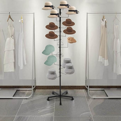 Freestanding Hat Rack Stand with Wheels,Metal Hat Organizer Rack with 16 Adjustable Circular Hooks,Floor Standing Hats Tree Display Stand (Black)