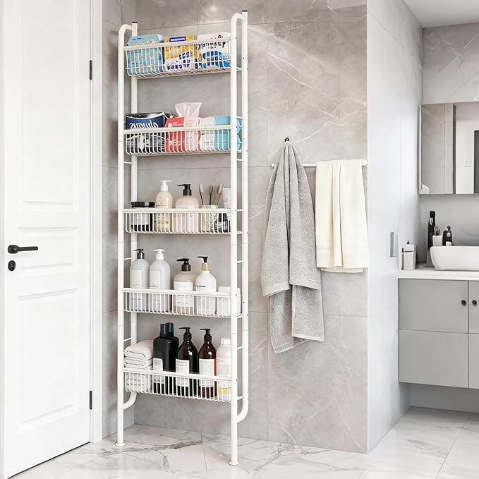 Saiveina Behind The Door Storage 5 Tiers Behind Door Shelf, Space-Saving Bathroom Door Shelf, Metal Shelf for Kitchen Bathroom Living Room, Off-White