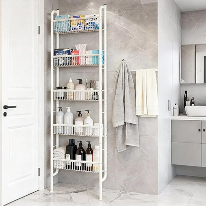 Saiveina Behind The Door Storage 5 Tiers Behind Door Shelf, Space-Saving Bathroom Door Shelf, Metal Shelf for Kitchen Bathroom Living Room, Off-White