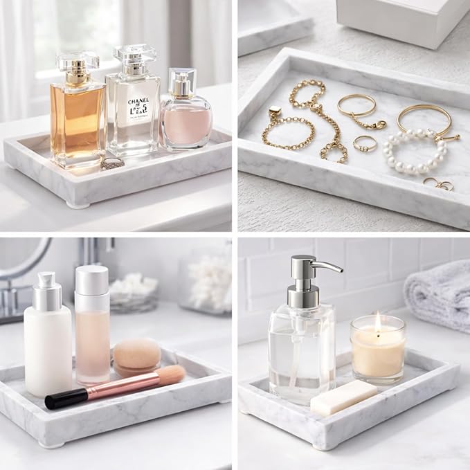 Natural White Marble Tray for Bathroom | Kitchen | Vanity | Desktop, Stone Organizer for Coffee Table, Dresser, Nightstand, Candles, Soap, Towel, Plant, Jewelry (12" x 8"), Rectangular