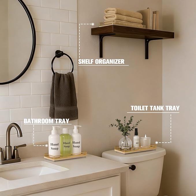 Bathroom Vanity Tray for Countertop, 12" x 6" Oak Wood Toilet Tank Tray with Metal Guardrail, Bathroom Organizer for Soap, Perfume & Skincare, Non-Slip Decorative Tray for Dresser, Gold & Natural Oak