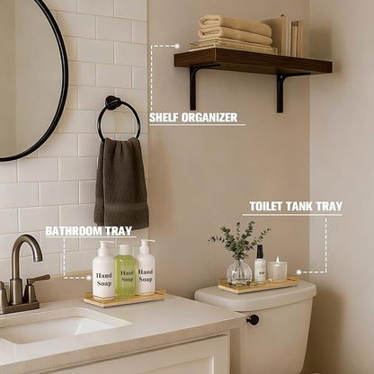 Bathroom Vanity Tray for Countertop, 12" x 6" Oak Wood Toilet Tank Tray with Metal Guardrail, Bathroom Organizer for Soap, Perfume & Skincare, Non-Slip Decorative Tray for Dresser, Gold & Natural Oak