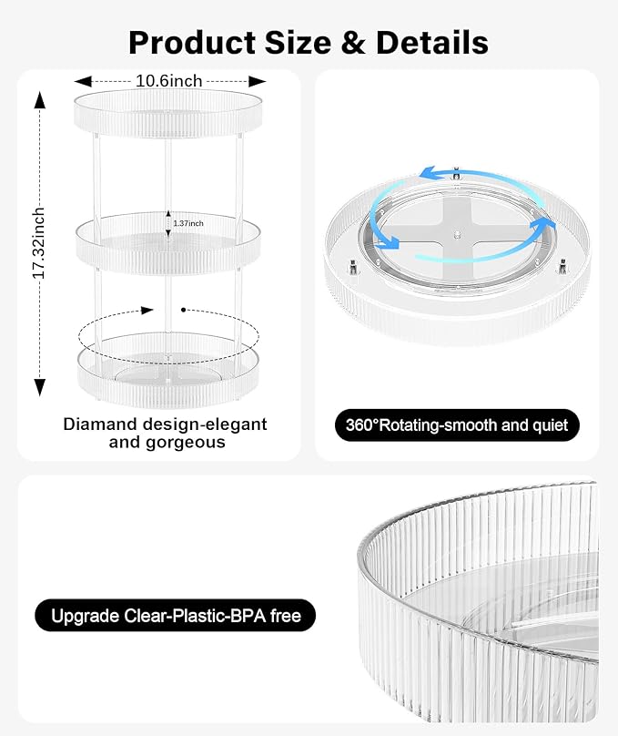 3-Tier Lazy Susan Bathroom Countertop Organizer, 360° Clear Rotating Storage Tray, Cosmetics and Perfume Organizer, Spinning Storage Tray Vanity Organizer Shelf for Bathroom Cabinet, Kitchen(Medium)