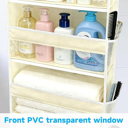 Over Door Organizer, 5 Layers Door Organizer Hanging with 10 Mesh Side Pockets and Clear Window for RV, Kitchen, Bedroom, Bathroom, Beige