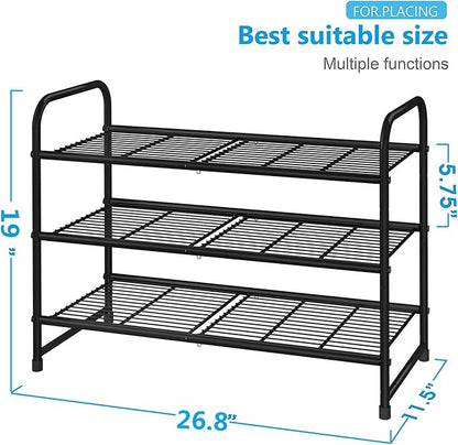 Simple Trending 3-Tier Stackable Shoe Rack, Expandable & Adjustable Shoe Shelf Storage Organizer, Wire Grid, Black