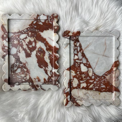 Natural Scalloped Marble Rectangular Tray, 10.8"x8", Decorative for Bathroom, Kitchen, Dresser (Calacatta Red)